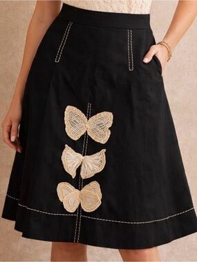 Anthropologie , Elegant Black Skirt with Lace Butterfly Accents